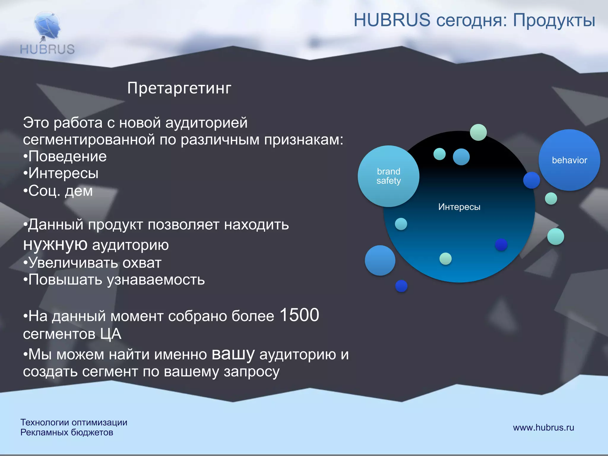 HUBRUS сегодня: Продукты 
Претаргетинг 
Это работа с новой аудиторией 
сегментированной по различным признакам: 
• Поведение 
• Интересы 
• Соц. дем 
• Данный продукт позволяет находить 
нужную аудиторию 
• Увеличивать охват 
• Повышать узнаваемость 
• На данный момент собрано более 1500 
сегментов ЦА 
• Мы можем найти именно вашу аудиторию и 
создать сегмент по вашему запросу 
Интересы 
brand 
safety 
behavior 
Технологии оптимизации www.hubrus.ru 
Рекламных бюджетов 
 