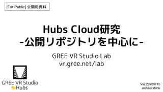 Hubs Cloud研究
-公開リポジトリを中心に-
GREE VR Studio Lab
vr.gree.net/lab
[For Public] 公開用資料
Ver.20200715
akihiko.shirai
 