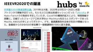 IEEEVR2020での躍進
世界最大のVR関連国際会議。2019年は大阪、2020年は3月22～26日に米国
アトランタで開催予定だった。もともとCO2排出削減セッションだった「VRinVR」が
Hubs+Twitchでの発表を予定していたが、Covid19の爆発的拡大により、物理開催が
困難に。主催だったジョージア工科大学Blair MacIntyre先生らとスポンサーであった
Mozilla, AWSらの手によってポスター、デモ、基調講演含め全体が完全VR開催となっ
た。登壇者からのみ$450の参加費で一般聴講無料1500人超え登録。
 