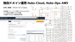 独自ドメイン運用 Hubs-Cloud, Hubs-Ops-AWS
非常に複雑…でもライセンス込み。
米国東部（バージニア北部）のc4.largeでホス
トした場合の価格 $ 0.20 /時間。
※月間$144(以上)で商用利用可能
 