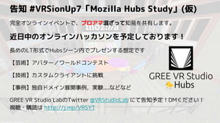 告知 #VRSionUp7「Mozilla Hubs Study」(仮)
完全オンラインイベントで、プロアマ混ざって知見を共有します。
近日中のオンラインハッカソンを予定しております！
長めのLT形式でHubsシーン内でプレゼンする想定です
【芸術】アバター／ワールドコンテスト
【技術】カスタムクライアントに挑戦
【事例】独自ドメイン展開事例，実験....などなど
GREE VR Studio LabのTwitter @VRStudioLab にて告知予定！DMください！
視聴・購読は http://j.mp/VRSYT
 