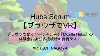 Hubs Scrum
【ブラウザでVR】
ブラウザで動くソーシャルVR『Mozilla Hubs』の
体験会および多接続時の負荷テスト
XR TECH NAGOYA
 