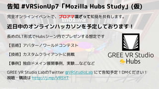 告知 #VRSionUp7「Mozilla Hubs Study」(仮)
完全オンラインイベントで、プロアマ混ざって知見を共有します。
近日中のオンラインハッカソンを予定しております！
長めのLT形式でHubsシーン内でプレゼンする想定です
【...