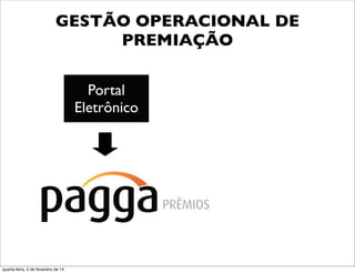 Portal
Eletrônico
GESTÃO OPERACIONAL DE
PREMIAÇÃO
quarta-feira, 5 de fevereiro de 14
 