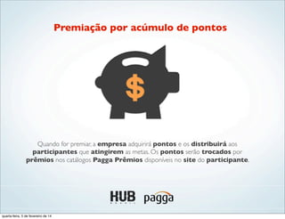 Quando for premiar, a empresa adquirirá pontos e os distribuirá aos
participantes que atingirem as metas. Os pontos serão trocados por
prêmios nos catálogos Pagga Prêmios disponíveis no site do participante.
Premiação por acúmulo de pontos
quarta-feira, 5 de fevereiro de 14
 