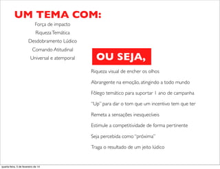 Força de impacto
RiquezaTemática
Desdobramento Lúdico
Comando Atitudinal
Universal e atemporal
UM TEMA COM:
Riqueza visual de encher os olhos
Abrangente na emoção, atingindo a todo mundo
Fôlego temático para suportar 1 ano de campanha
“Up” para dar o tom que um incentivo tem que ter
Remeta a sensações inesquecíveis
Estimule a competitividade de forma pertinente
Seja percebida como “próxima”
Traga o resultado de um jeito lúdico
OU SEJA,
quarta-feira, 5 de fevereiro de 14
 