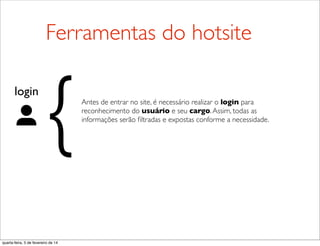 login
{Antes de entrar no site, é necessário realizar o login para
reconhecimento do usuário e seu cargo.Assim, todas as
informações serão ﬁltradas e expostas conforme a necessidade.
Ferramentas do hotsite
quarta-feira, 5 de fevereiro de 14
 