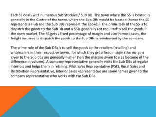 Each SS deals with numerous Sub Stockiest/ Sub DB. The town where the SS is located is
generally in the Centre of the towns where the Sub DBs would be located (hence the SS
represents a Hub and the Sub DBs represent the spokes). The prime task of the SS is to
dispatch the goods to the Sub DB and a SS is generally not required to sell the goods in
the open market. The SS gets a fixed percentage of margin and also in most cases, the
freight incurred to dispatch the goods to the Sub DBs is reimbursed by the company.
The prime role of the Sub DBs is to sell the goods to the retailers (retailing) and
wholesalers in their respective towns, for which they get a fixed margin (the margins
given to the Sub DBs are generally higher than the margins given to a SS because of the
difference in volume). A company representative generally visits the Sub DBs at regular
intervals and helps them in retailing. Pilot Sales Representative (PSR), Rural Sales and
Distribution Representative, Interior Sales Representative are some names given to the
company representative who works with the Sub DBs.
 