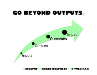 GO BEYOND OUTPUTS.

Outcomes

Impact

Outputs
Inputs

@HUBSPOT // @BRADYJOSEPHSON // #NPWEBINAR

 