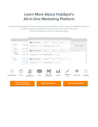 Learn More About HubSpot’s 
All-in-One Marketing Platform 
HubSpot brings together all of the tools you need to attract, convert, close and delight customers, 
including marketing automation. See all of our tools, learn more about 
Landing Pages Forms 
Lead 
Management 
Email 
Marketing 
Automation 
Analytics 
Salesforce 
Sync 
Social Inbox Blogging 
inbound marketing, or talk to a specialist today. 
Learn more about 
inbound marketing See the software Talk to a specialist 
