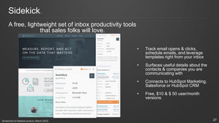 Sidekick.
A free, lightweight set of inbox productivity tools
that sales folks will love.
• Track email opens & clicks,
schedule emails, and leverage
templates right from your inbox
• Surfaces useful details about the
contacts & companies you are
communicating with
• Connects to HubSpot Marketing,
Salesforce or HubSpot CRM
• Free, $10 & $ 50 user/month
versions
27Screenshot of Sidekick product, March 2015.
 