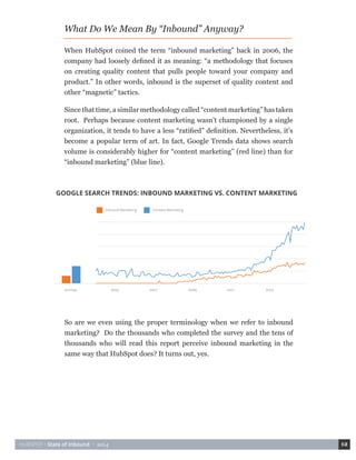 HUBSPOT • State of Inbound • 2014 12 
What Do We Mean By “Inbound” Anyway? 
When HubSpot coined the term “inbound marketing” back in 2006, the 
company had loosely defined it as meaning: “a methodology that focuses 
on creating quality content that pulls people toward your company and 
product.” In other words, inbound is the superset of quality content and 
other “magnetic” tactics. 
Since that time, a similar methodology called “content marketing” has taken 
root. Perhaps because content marketing wasn’t championed by a single 
organization, it tends to have a less “ratified” definition. Nevertheless, it’s 
become a popular term of art. In fact, Google Trends data shows search 
volume is considerably higher for “content marketing” (red line) than for 
“inbound marketing” (blue line). 
So are we even using the proper terminology when we refer to inbound 
marketing? Do the thousands who completed the survey and the tens of 
thousands who will read this report perceive inbound marketing in the 
same way that HubSpot does? It turns out, yes. 
Average 2005 2007 2009 2011 2013 
Inbound Marketing Content Marketing 
GOOGLE SEARCH TRENDS: INBOUND MARKETING VS. CONTENT MARKETING 
 