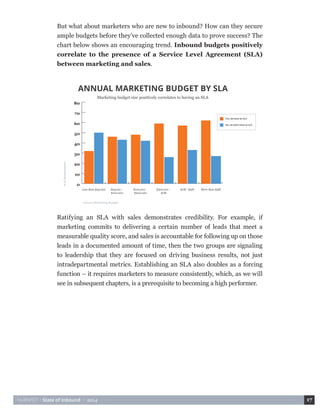 HUBSPOT • State of Inbound • 2014 17 
But what about marketers who are new to inbound? How can they secure 
ample budgets before they’ve collected enough data to prove success? The 
chart below shows an encouraging trend. Inbound budgets positively 
correlate to the presence of a Service Level Agreement (SLA) 
between marketing and sales. 
ANNUAL MARKETING BUDGET BY SLA 
Marketing budget size positively correlates to having an SLA 
No, we don’t have an SLA 
Yes, we have an SLA 
Annual Marketing Budget 
Less than $25,000 $25,001 - 
$100,000 
$100,001 - 
$500,000 
$500,001 - 
$1M 
$1M - $5M More than $5M 
0 
10 
20 
30 
40 
50 
60 
70 
80 
% of Respondents 
Ratifying an SLA with sales demonstrates credibility. For example, if 
marketing commits to delivering a certain number of leads that meet a 
measurable quality score, and sales is accountable for following up on those 
leads in a documented amount of time, then the two groups are signaling 
to leadership that they are focused on driving business results, not just 
intradepartmental metrics. Establishing an SLA also doubles as a forcing 
function – it requires marketers to measure consistently, which, as we will 
see in subsequent chapters, is a prerequisite to becoming a high performer. 
 