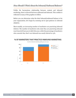 HUBSPOT • State of Inbound • 2014 26 
How Should I Think About the Inbound/Outbound Balance? 
Unlike the harmonious relationship between content and inbound 
marketing, there is discord between outbound and inbound. This conflict is 
reflected in many of the graphics to follow. 
Before you can determine what the ideal inbound/outbound balance is for 
your organization, let’s begin by zooming out to spot patterns in inbound 
adoption. 
Most notably, an increasing number of marketers are practicing inbound 
(below). The number of marketers who state they are practicing inbound 
rose from 60% last year to 85% this year, while the percentage of marketers 
who concede they don’t run inbound was nearly halved to 13%. 
% OF MARKETERS THAT PRACTICE INBOUND MARKETING 
Growth of inbound marketing spiking year over year 
Year 
% of Respondents 
2013 2014 
0 
20 
40 
60 
80 
100 
No, we don't do 
inbound marketing 
Yes, we do 
inbound marketing 
 