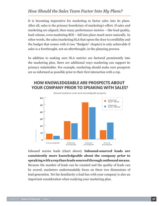 HUBSPOT • State of Inbound • 2014 36 
Inbound warms leads (chart above). Inbound-sourced leads are 
consistently more knowledgeable about the company prior to 
speaking with a rep than leads sourced through outbound means. 
Because the number of leads can be counted and the quality of leads can 
be scored, marketers understandably focus on these two dimensions of 
lead generation. Yet the familiarity a lead has with your company is also an 
important consideration when readying your marketing plan. 
In addition to making sure SLA metrics are factored prominently into 
the marketing plan, there are additional ways marketing can support its 
primary stakeholder. For example, marketing should make sure prospects 
are as informed as possible prior to their first interaction with a rep. 
HOW KNOWLEDGEABLE ARE PROSPECTS ABOUT 
YOUR COMPANY PRIOR TO SPEAKING WITH SALES? 
Inbound marketers create more knowledgeable prospects 
Prospects' Knowledge about Company 
% of Respondents 
Very knowledgeable Moderately 
knowledgeable 
Somewhat 
knowledgeable 
Not at all 
knowledgeable 
0 
10 
20 
30 
40 
50 
60 
Primary Lead 
Source = Outbound 
Primary Lead 
Source = Inbound 
How Should the Sales Team Factor Into My Plans? 
It is becoming imperative for marketing to factor sales into its plans. 
After all, sales is the primary beneficiary of marketing’s effort. If sales and 
marketing are aligned, then many performance metrics – like lead quality, 
lead volume, even marketing ROI – fall into place much more naturally. In 
other words, the sales/marketing SLA that opens the door to credibility and 
the budget that comes with it (see “Budgets” chapter) is only achievable if 
sales is a forethought, not an afterthought, in the planning process. 
 