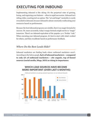 HUBSPOT • State of Inbound • 2014 39 
Where Do the Best Leads Hide? 
Inbound marketers are finding leads where outbound marketers aren’t. 
According to the below graph, 84% of inbound marketers – compared 
to only 9% of outbound marketers – cite organic, top of funnel 
sources (social media, blogs, SEO) as rising in importance. 
Implementing inbound is like skiing: It’s the perpetual state of gaining, 
losing, and regaining your balance – often in rapid succession. Inbound isn’t 
riding a bike; coasting isn’t an option. The “set and forget” mentality is rarely 
rewarded in inbound, because inbound is about constantly reallocating your 
resources based on performance. 
Because the best inbound programs are nimble, there’s no magic formula for 
success. Or, more accurately, today’s magic formula might not be so “magic” 
tomorrow. There’s no inbound-equivalent of the popular 4-1-1 Twitter “rule.” 
When executing your inbound program, it’s best to start with what’s worked 
for others, and then recalibrate based on performance feedback. 
EXECUTING FOR INBOUND 
WHICH LEAD SOURCES HAVE BECOME 
MORE IMPORTANT (OVER LAST 6 MONTHS) 
Outbound marketers are placing minimal importance on core inbound channels 
Lead Source 
% of Respondents Social 
Media 
Blogs SEO Email 
Marketing 
PPC Trade 
Shows 
Traditional 
Advertising 
Direct 
Mail 
Telemarketing 
0 
20 
40 
60 
80 
100 
Outbound Marketers 
Inbound Marketers 
 