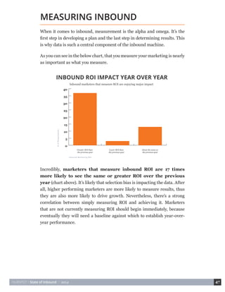 HUBSPOT • State of Inbound • 2014 47 
When it comes to inbound, measurement is the alpha and omega. It’s the 
first step in developing a plan and the last step in determining results. This 
is why data is such a central component of the inbound machine. 
As you can see in the below chart, that you measure your marketing is nearly 
as important as what you measure. 
Incredibly, marketers that measure inbound ROI are 17 times 
more likely to see the same or greater ROI over the previous 
year (chart above). It’s likely that selection bias is impacting the data. After 
all, higher performing marketers are more likely to measure results, thus 
they are also more likely to drive growth. Nevertheless, there’s a strong 
correlation between simply measuring ROI and achieving it. Marketers 
that are not currently measuring ROI should begin immediately, because 
eventually they will need a baseline against which to establish year-over-year 
performance. 
MEASURING INBOUND 
INBOUND ROI IMPACT YEAR OVER YEAR 
Inbound marketers that measure ROI are enjoying major impact 
Inbound Marketing ROI 
% of Respondents 
Greater ROI than 
the previous year 
Lower ROI than 
the previous year 
About the same as 
the previous year 
0 
5 
10 
15 
20 
25 
30 
35 
40 
 