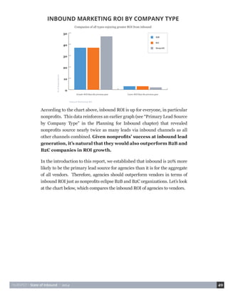 HUBSPOT • State of Inbound • 2014 49 
INBOUND MARKETING ROI BY COMPANY TYPE 
Companies of all types enjoying greater ROI from inbound 
Inbound Marketing ROI 
% of Respondents 
Greater ROI than the previous year Lower ROI than the previous year 
0 
10 
20 
30 
40 
50 
B2C 
Nonprofit 
B2B 
According to the chart above, inbound ROI is up for everyone, in particular 
nonprofits. This data reinforces an earlier graph (see “Primary Lead Source 
by Company Type” in the Planning for Inbound chapter) that revealed 
nonprofits source nearly twice as many leads via inbound channels as all 
other channels combined. Given nonprofits’ success at inbound lead 
generation, it’s natural that they would also outperform B2B and 
B2C companies in ROI growth. 
In the introduction to this report, we established that inbound is 20% more 
likely to be the primary lead source for agencies than it is for the aggregate 
of all vendors. Therefore, agencies should outperform vendors in terms of 
inbound ROI just as nonprofits eclipse B2B and B2C organizations. Let’s look 
at the chart below, which compares the inbound ROI of agencies to vendors. 
 