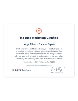 Hubspot Academy - Inbound Marketing Certification - Jorge Alberto Fuentes Zapata