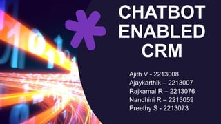 CHATBOT
ENABLED
CRM
Ajith V - 2213008
Ajaykarthik – 2213007
Rajkamal R – 2213076
Nandhini R – 2213059
Preethy S - 2213073
 