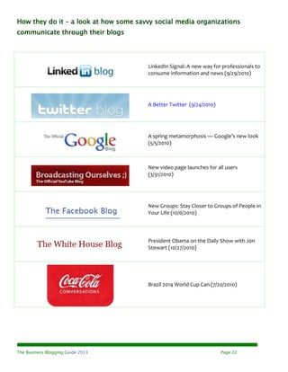 How they do it – a look at how some savvy social media organizations
communicate through their blogs




                                       LinkedIn Signal: A new way for professionals to
                                       consume information and news (9/29/2010)




                                       A Better Twitter (9/24/2010)




                                       A spring metamorphosis — Google’s new look
                                       (5/5/2010)



                                       New video page launches for all users
                                       (3/31/2010)




                                       New Groups: Stay Closer to Groups of People in
                                       Your Life (10/6/2010)



                                       President Obama on the Daily Show with Jon
                                       Stewart (10/27/2010)




                                       Brazil 2014 World Cup Can (7/20/2010)




The Business Blogging Guide 2011                                      Page 22
 