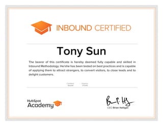 HubSpot Inbound Marketing Certification - Tony Sun