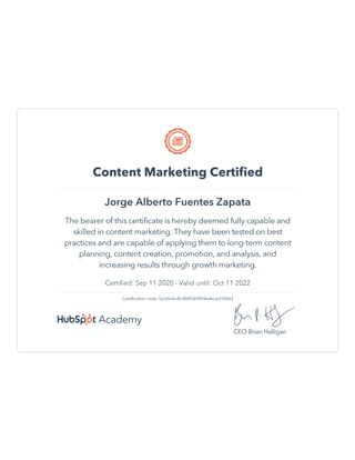 Hubspot Content Marketing Certification - Jorge Alberto Fuentes Zapata