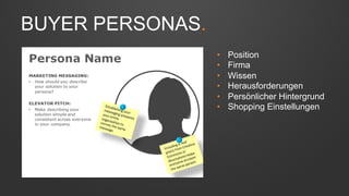 BUYER PERSONAS. 
• Position 
• Firma 
• Wissen 
• Herausforderungen 
• Persönlicher Hintergrund 
• Shopping Einstellungen 
 