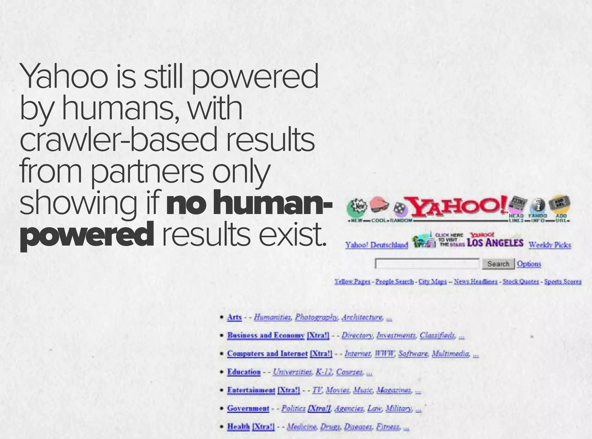 Yahooisstillpowered
byhumans,with
crawler-basedresults
frompartnersonly
showingifnohuman-
poweredresultsexist.
 