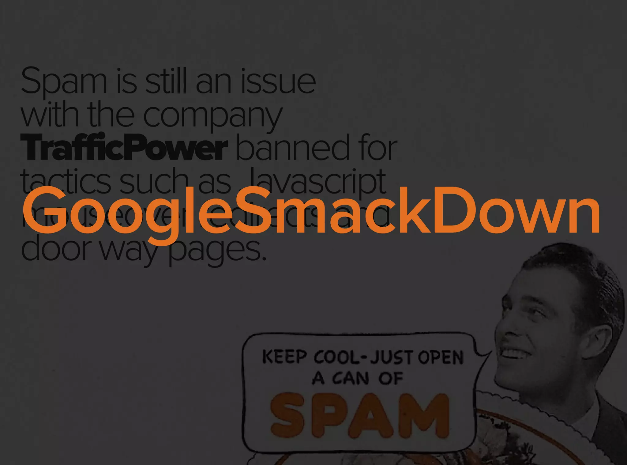 Spamisstillanissue
withthecompany
TrafficPowerbannedfor
tacticssuchasJavascript
mouseoverredirectsand
doorwaypages.
GoogleSmackDown
 