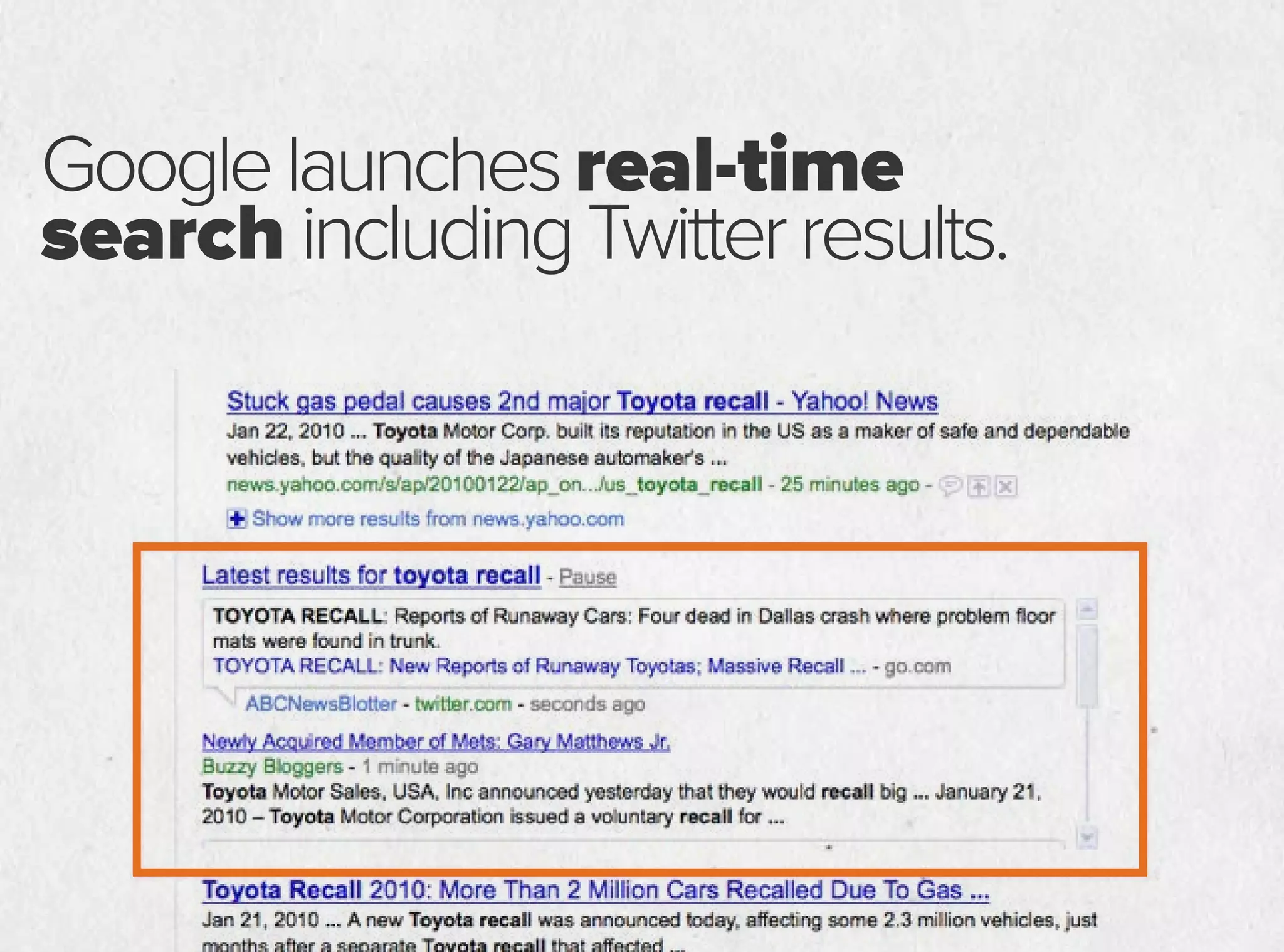 Googlelaunchesreal-time
search includingTwitterresults.
 