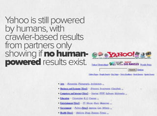 Yahooisstillpowered
byhumans,with
crawler-basedresults
frompartnersonly
showingifnohuman-
poweredresultsexist.
 
