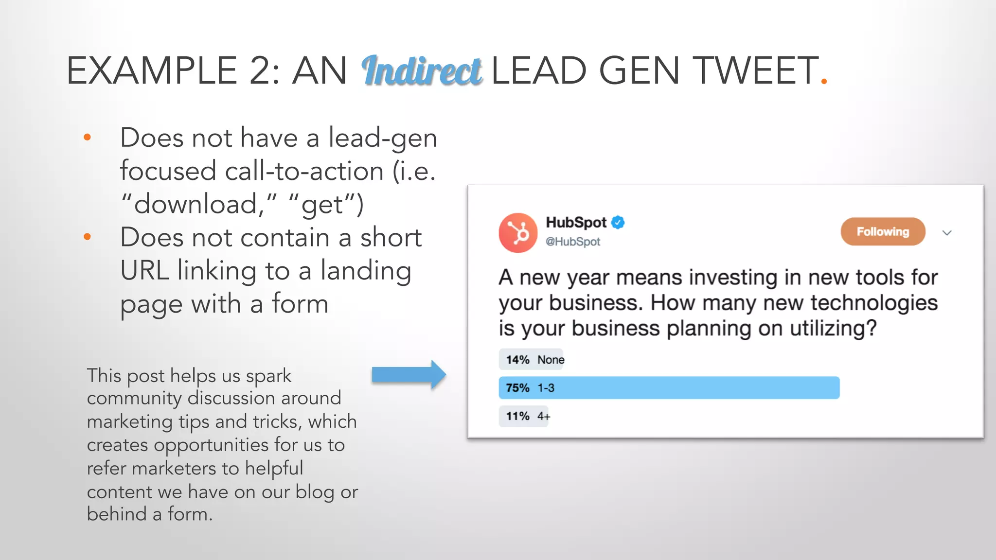 This post helps us spark
community discussion around
marketing tips and tricks, which
creates opportunities for us to
refer marketers to helpful
content we have on our blog or
behind a form.
• Does not have a lead-gen
focused call-to-action (i.e.
“download,” “get”)
• Does not contain a short
URL linking to a landing
page with a form
EXAMPLE 2: AN Indirect LEAD GEN TWEET.
 