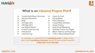 HUBSPOT.COM ASPIREDIGITAL.ORG
A campaign is a special kind of marketing push. It aligns every
one of your marketing channels and all of your content around a
single goal and message.
HUBSPOT.COM ASPIREDIGITAL.ORG
 