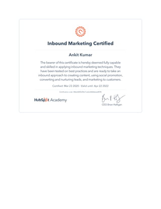 Hubspot Inbound Marketing Certificate