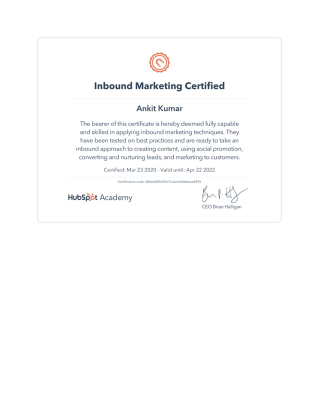 Hubspot Inbound Marketing Certificate PDF