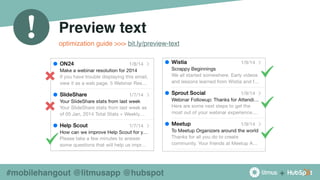 +
!
#mobilehangout @litmusapp @hubspot
Preview text
optimization guide >>> bit.ly/preview-text