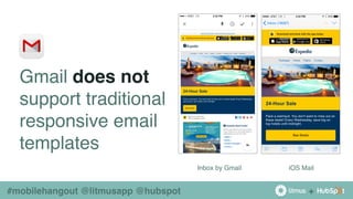 +
Gmail does not
support traditional
responsive email
templates
Inbox by Gmail iOS Mail
#mobilehangout @litmusapp @hubspot
 