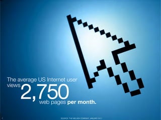 The average US Internet user"


          2,750
     views"


                  web pages per month.

7
                         SOURCE: THE NIELSEN COMPANY, JANUARY 2011
 