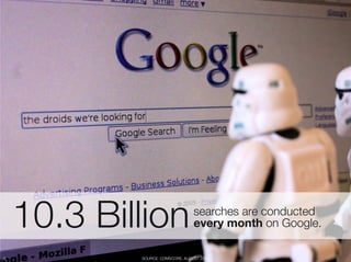 10.3 Billion
                 searches are conducted "
                                   every month on Google.

6
           SOURCE: COMSCORE, AUGUST 2010
 