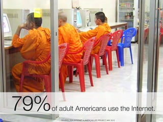 79% "
         of adult Americans use the Internet.
4
4
           SOURCE: PEW INTERNET & AMERICAN LIFE PROJECT, MAY 2010
 