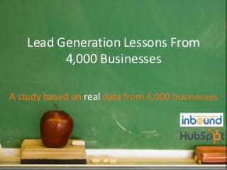 Lead Generation Lessons From
4,000 Businesses
A study based on real data from 4,000 businesses

Tweet this Presentation Share on Facebook Share on LinkedIn

 