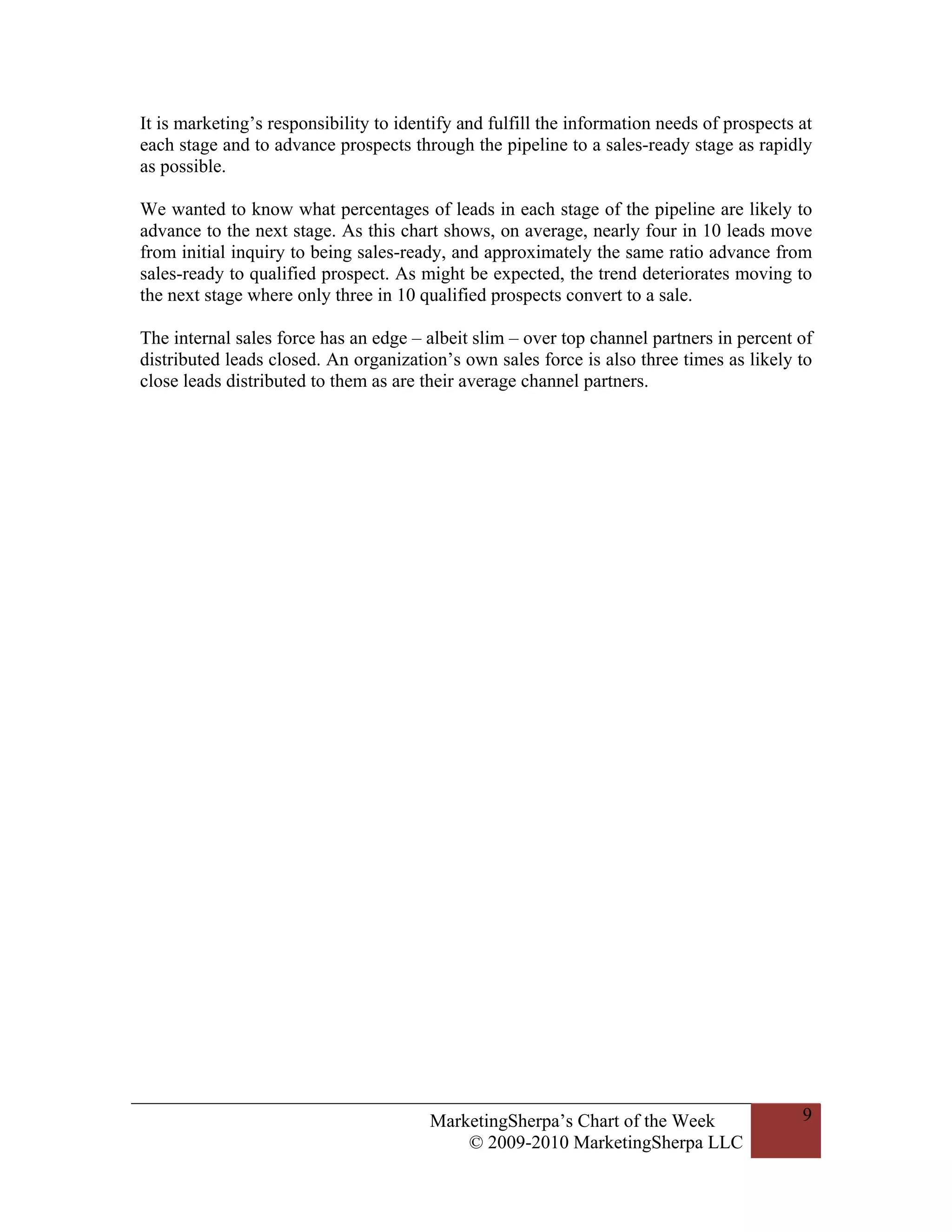 It is marketing’s responsibility to identify and fulfill the information needs of prospects at
each stage and to advance prospects through the pipeline to a sales-ready stage as rapidly
as possible.

We wanted to know what percentages of leads in each stage of the pipeline are likely to
advance to the next stage. As this chart shows, on average, nearly four in 10 leads move
from initial inquiry to being sales-ready, and approximately the same ratio advance from
sales-ready to qualified prospect. As might be expected, the trend deteriorates moving to
the next stage where only three in 10 qualified prospects convert to a sale.

The internal sales force has an edge – albeit slim – over top channel partners in percent of
distributed leads closed. An organization’s own sales force is also three times as likely to
close leads distributed to them as are their average channel partners.




                                        MarketingSherpa’s Chart of the Week                 9
                                            © 2009-2010 MarketingSherpa LLC
 