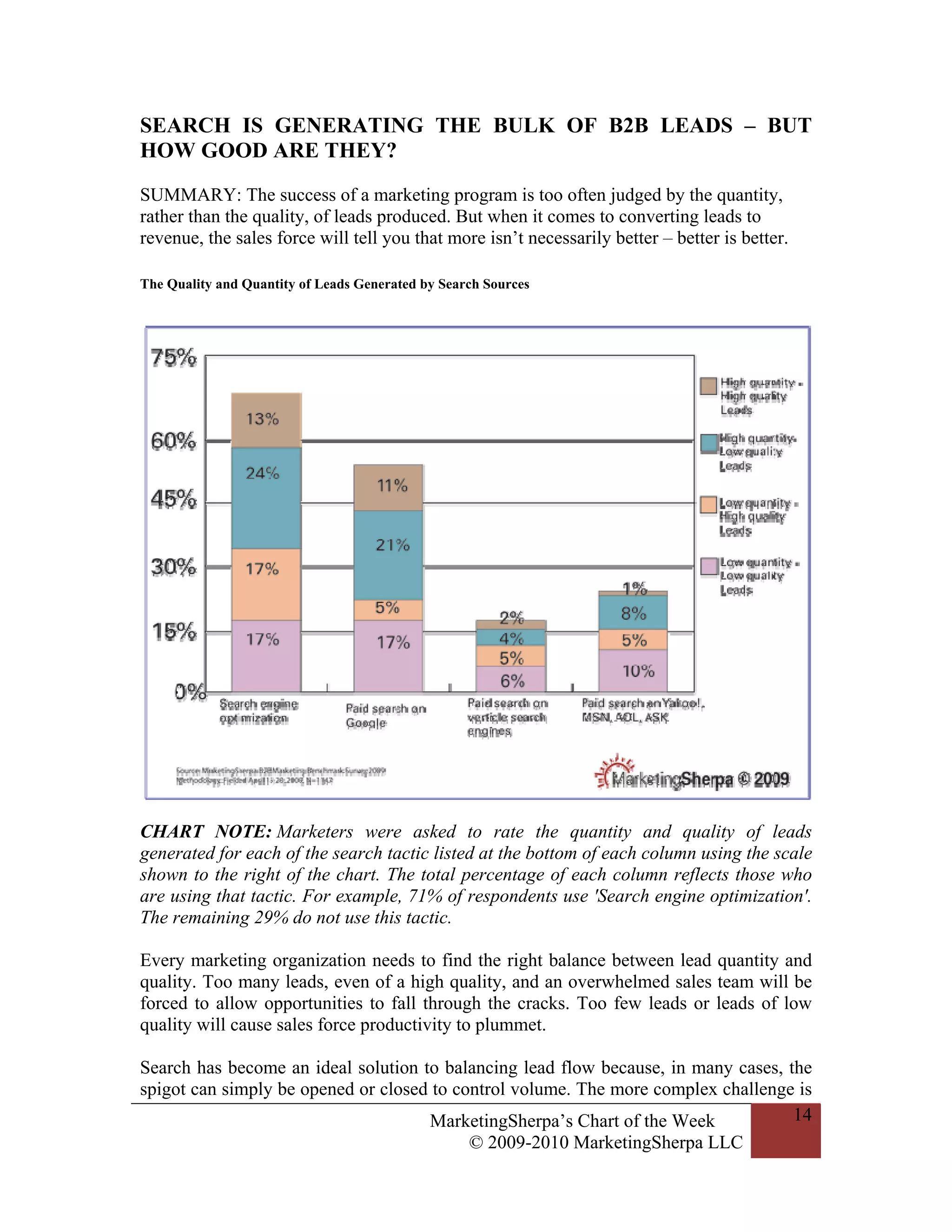 SEARCH IS GENERATING THE BULK OF B2B LEADS – BUT
HOW GOOD ARE THEY?
SUMMARY: The success of a marketing program is too often judged by the quantity,
rather than the quality, of leads produced. But when it comes to converting leads to
revenue, the sales force will tell you that more isn’t necessarily better – better is better.

The Quality and Quantity of Leads Generated by Search Sources




CHART NOTE: Marketers were asked to rate the quantity and quality of leads
generated for each of the search tactic listed at the bottom of each column using the scale
shown to the right of the chart. The total percentage of each column reflects those who
are using that tactic. For example, 71% of respondents use 'Search engine optimization'.
The remaining 29% do not use this tactic.

Every marketing organization needs to find the right balance between lead quantity and
quality. Too many leads, even of a high quality, and an overwhelmed sales team will be
forced to allow opportunities to fall through the cracks. Too few leads or leads of low
quality will cause sales force productivity to plummet.

Search has become an ideal solution to balancing lead flow because, in many cases, the
spigot can simply be opened or closed to control volume. The more complex challenge is
                                     MarketingSherpa’s Chart of the Week            14
                                           © 2009-2010 MarketingSherpa LLC
 