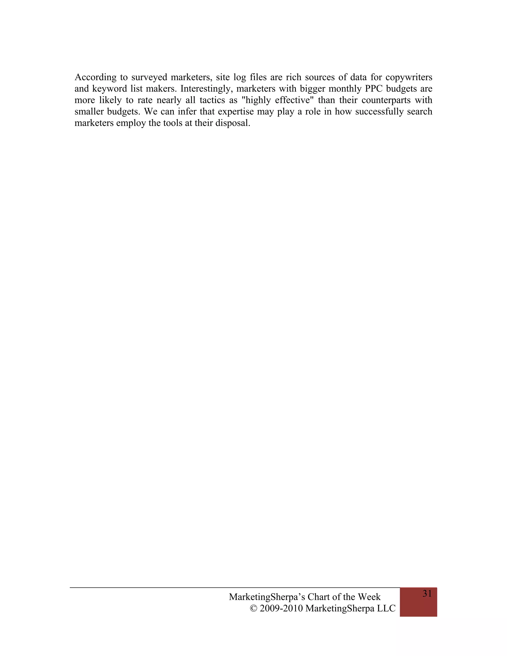According to surveyed marketers, site log files are rich sources of data for copywriters
and keyword list makers. Interestingly, marketers with bigger monthly PPC budgets are
more likely to rate nearly all tactics as "highly effective" than their counterparts with
smaller budgets. We can infer that expertise may play a role in how successfully search
marketers employ the tools at their disposal.




                                      MarketingSherpa’s Chart of the Week             31
                                          © 2009-2010 MarketingSherpa LLC
 