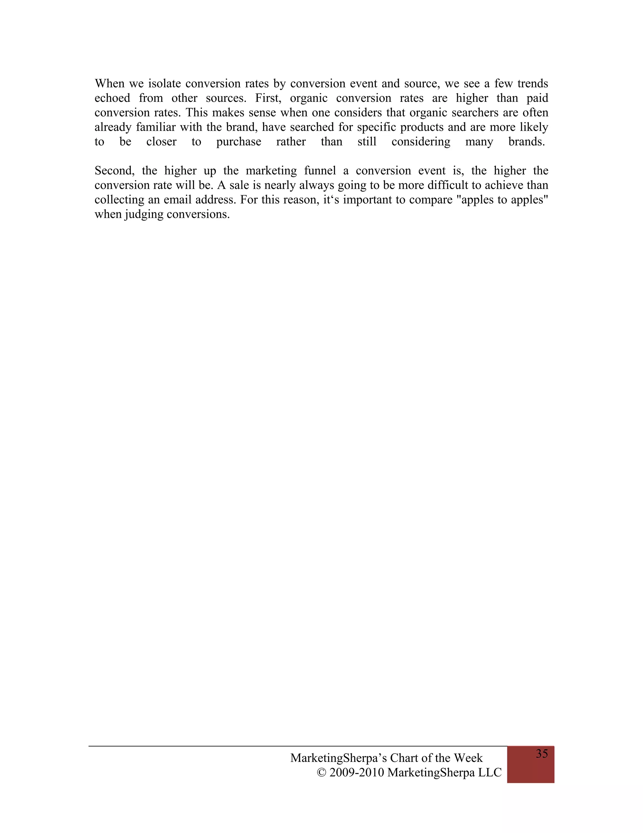 When we isolate conversion rates by conversion event and source, we see a few trends
echoed from other sources. First, organic conversion rates are higher than paid
conversion rates. This makes sense when one considers that organic searchers are often
already familiar with the brand, have searched for specific products and are more likely
to be closer to purchase rather than still considering many brands.

Second, the higher up the marketing funnel a conversion event is, the higher the
conversion rate will be. A sale is nearly always going to be more difficult to achieve than
collecting an email address. For this reason, it‘s important to compare "apples to apples"
when judging conversions.




                                       MarketingSherpa’s Chart of the Week              35
                                           © 2009-2010 MarketingSherpa LLC
 