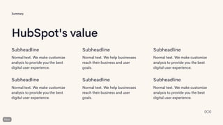 Summary
HubSpot's value
Subheadline
Normal text. We make customize
analysis to provide you the best
digital user experience.
Subheadline
Normal text. We help businesses
reach their business and user
goals.
Subheadline
Normal text. We make customize
analysis to provide you the best
digital user experience.
Subheadline
Normal text. We make customize
analysis to provide you the best
digital user experience.
Subheadline
Normal text. We help businesses
reach their business and user
goals.
Subheadline
Normal text. We make customize
analysis to provide you the best
digital user experience.
 