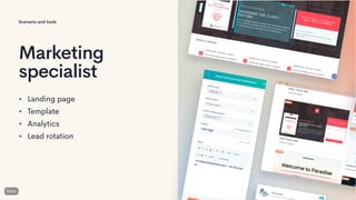 Scenario and tools
Marketing
specialist
• Landing page
• Template
• Analytics
• Lead rotation
 