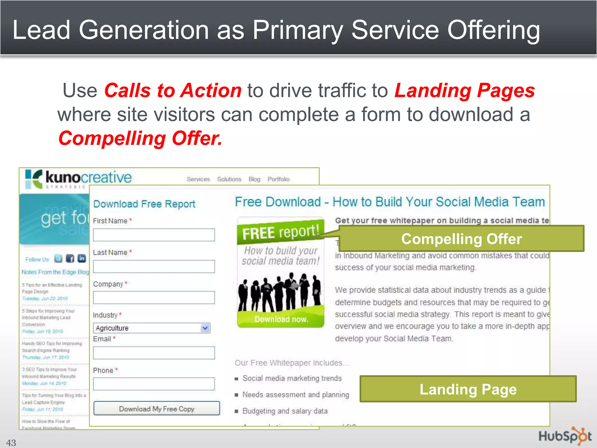 Lead Generation as Primary Service Offering     Use Calls to Action to drive traffic to Landing Pages where site visitors can complete a form to download a Compelling Offer. 43Compelling OfferCall to ActionLanding Page