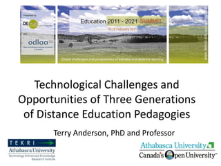 Technological Challenges and
Opportunities of Three Generations
 of Distance Education Pedagogies
      Terry Anderson, PhD and Professor
 